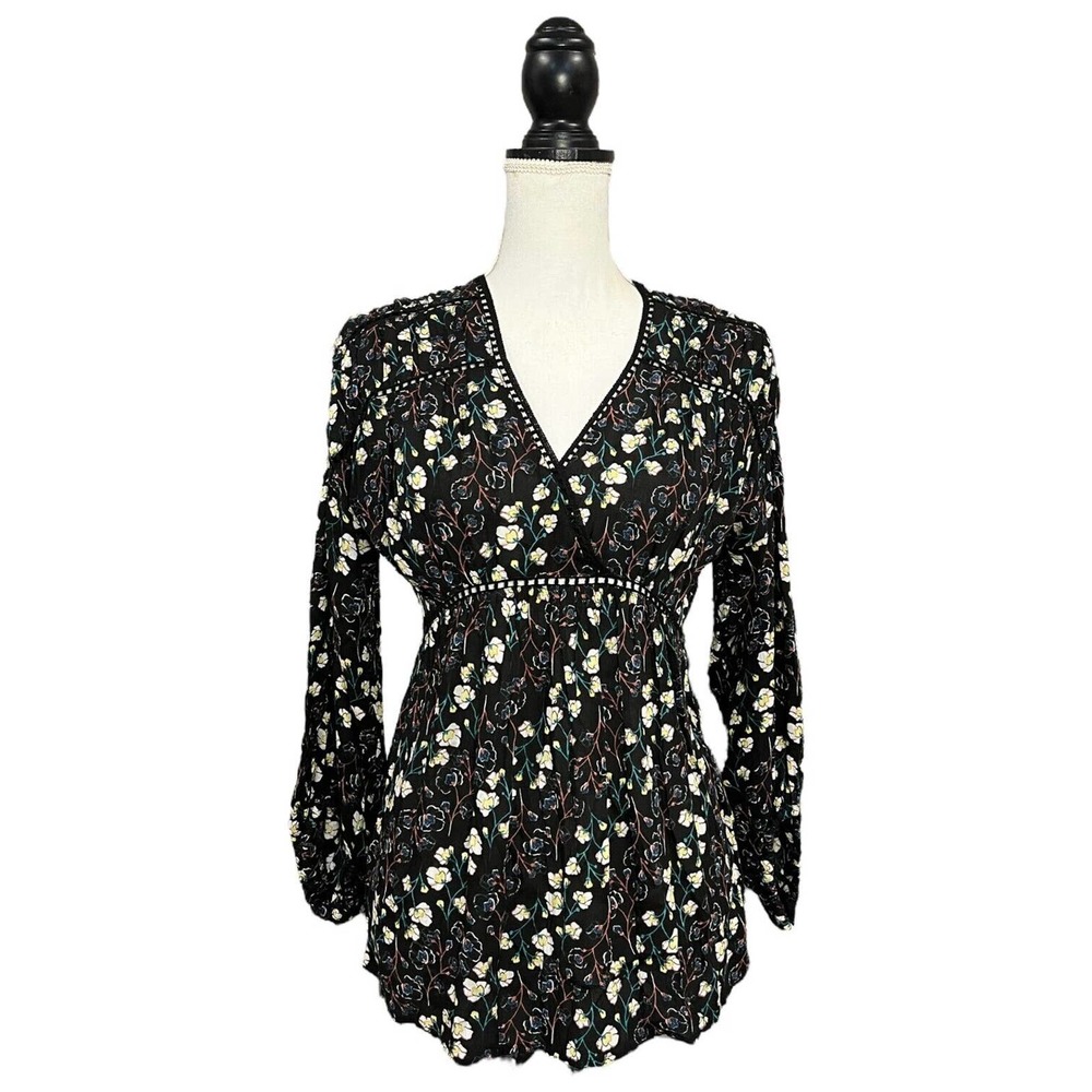 Jessica Simpson NWT Wisteria Ester Floral Crochet Babydoll Blouse Top Black S